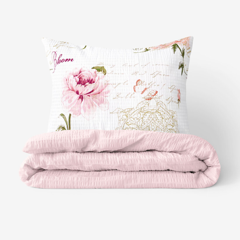 Seersucker Bettwäsche Duo - Pfingstrosen und Schriftzügen mit Puderrosa