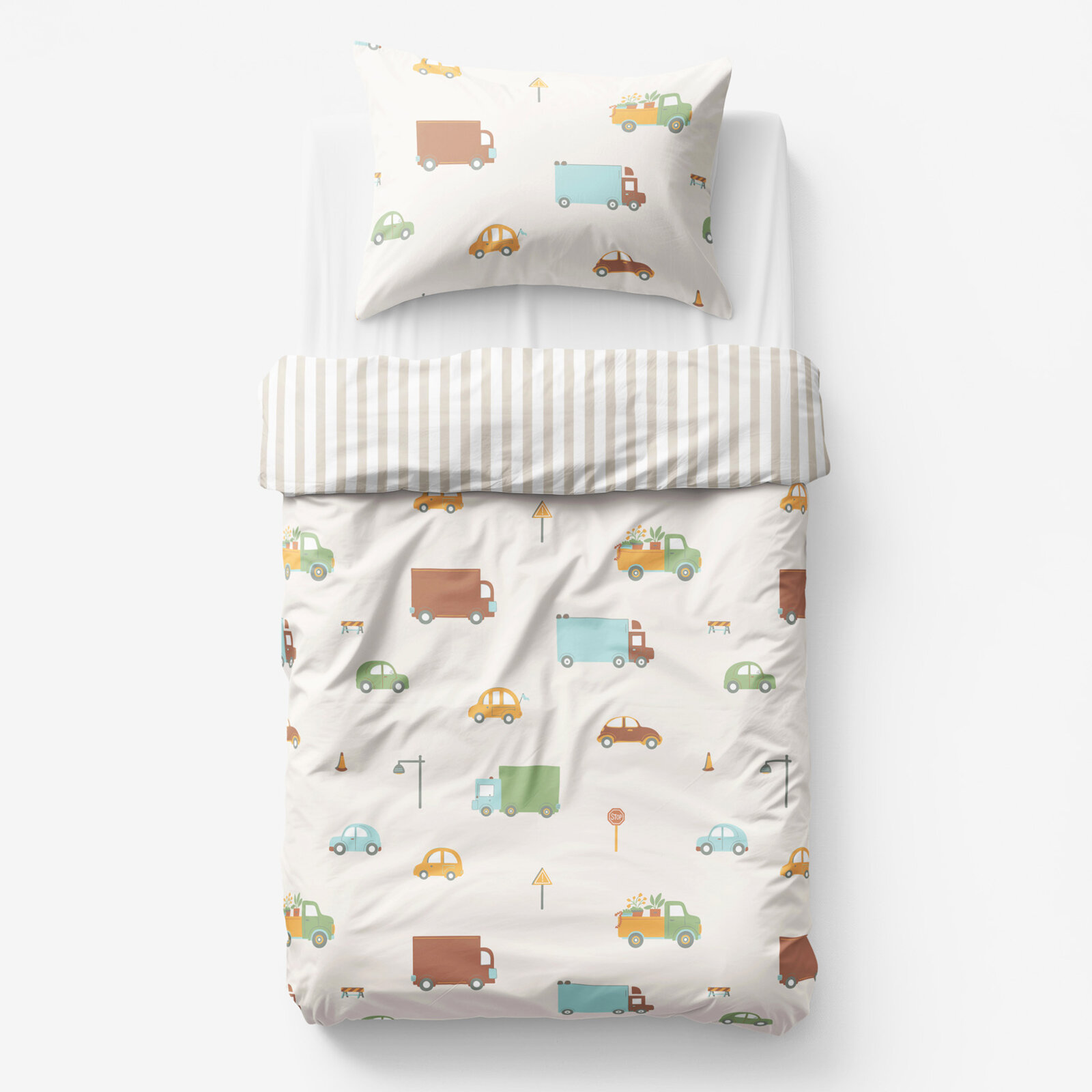 Kinder-Bettwäsche aus Baumwolle - Welt der Autos mit latte Streifen