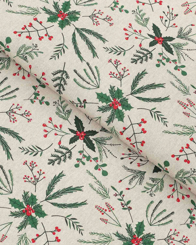 Weihnachtsstoff Valencia - Zweige auf Naturfarbe