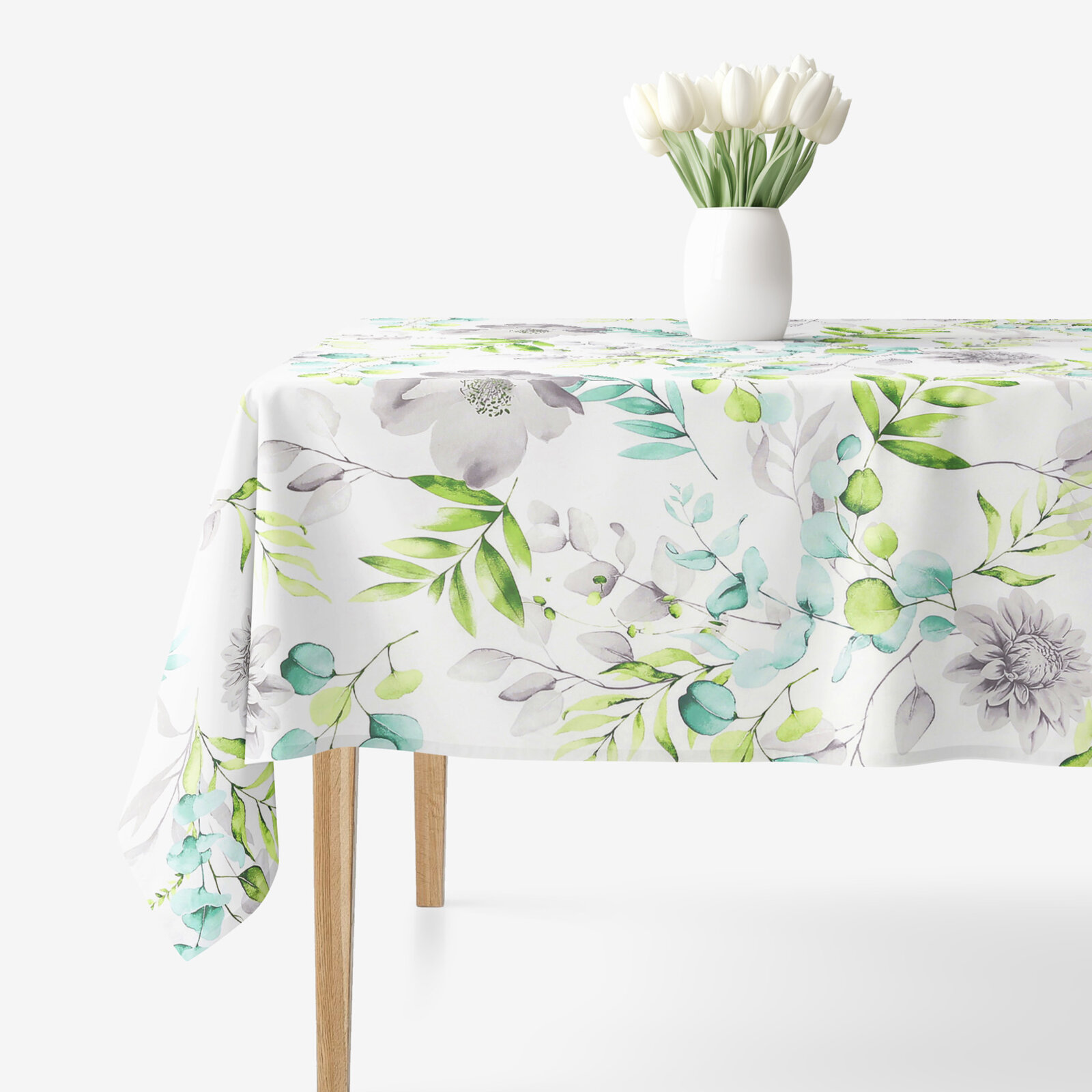 Eckige Tischdecke 100% Baumwolle Deluxe - Eukalyptus mit Blumen