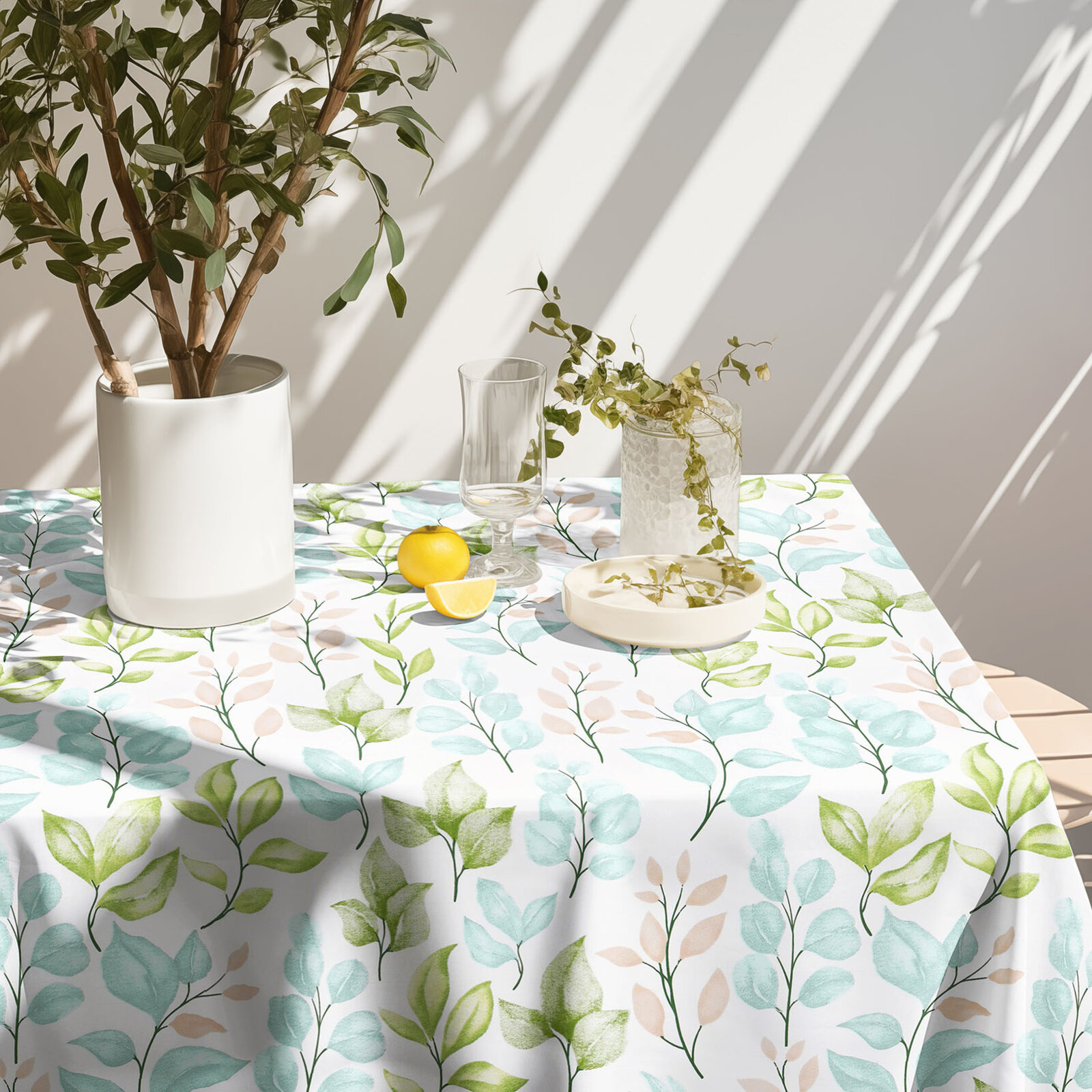 Eckige Tischdecke 100% Baumwolle Deluxe - bemalte Blätter