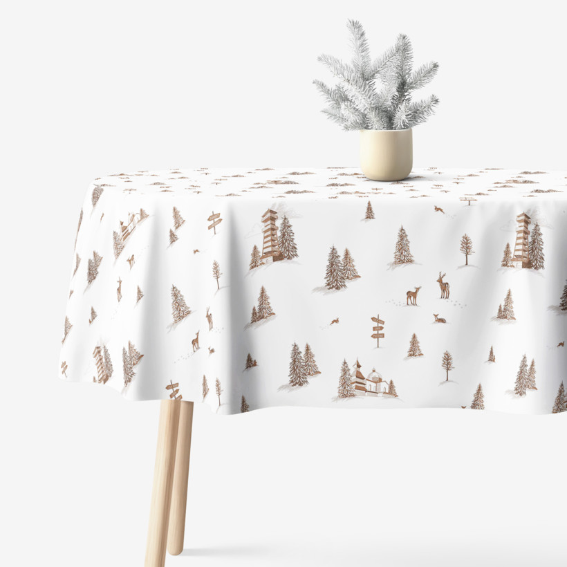 Weihnachtliche ovale Tischdecke aus festem Baumwollköper - Berge