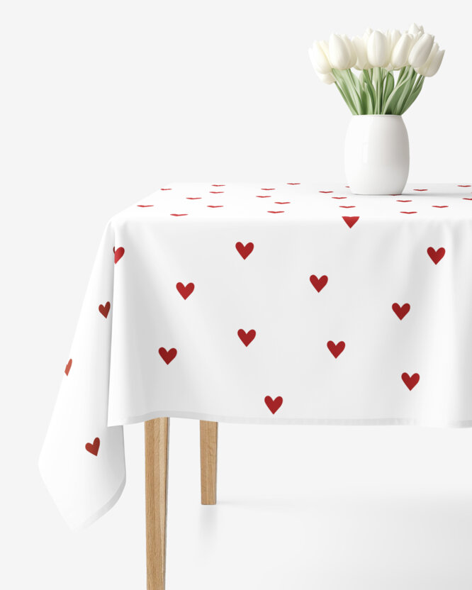 Eckige Tischdecke 100% Baumwolle - Rote Herzchen auf Weiß