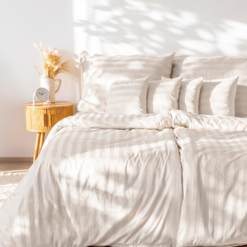Damast-Bettwäsche - creme Streifen mit Satin-Glanz
