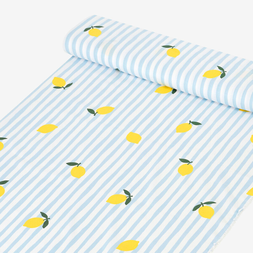 Baumwollstoff - Frische Zitronen mit Streifen