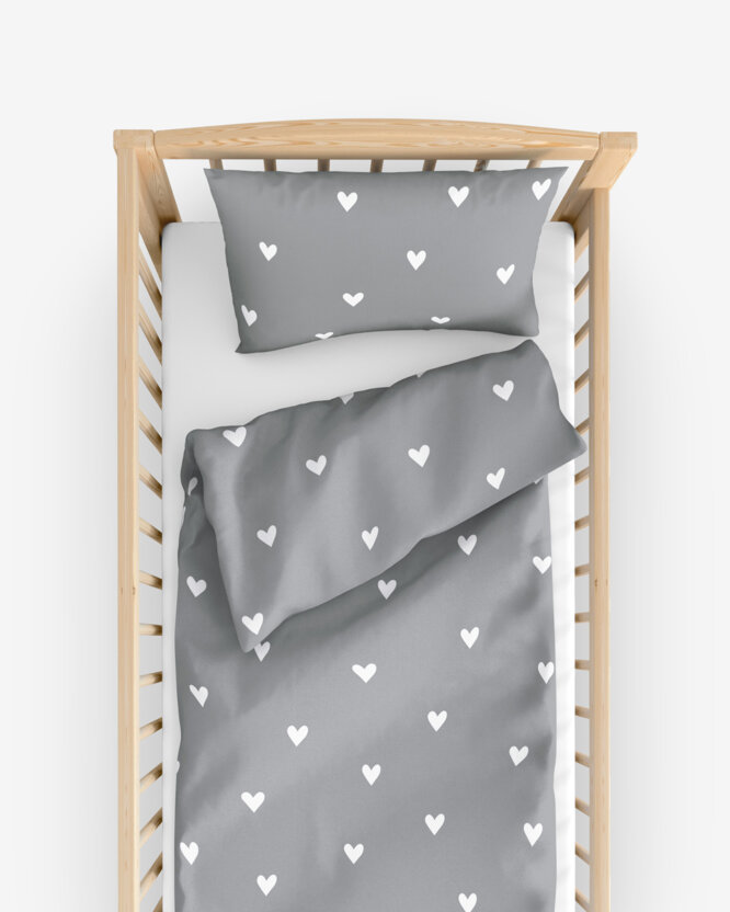 Bettwäsche für Babybetten aus Baumwolle - Herzchen auf Grau