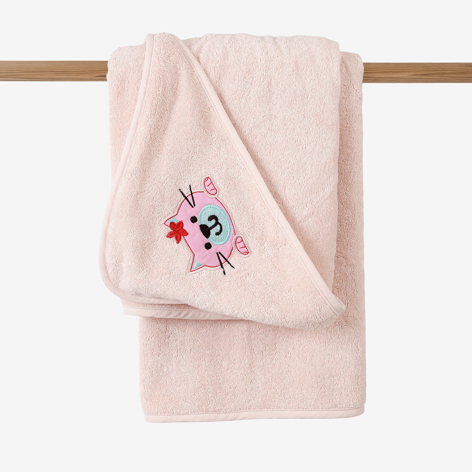 Frottee Babybadetuch mit Kapuze - Kätzchen auf Hellrosa