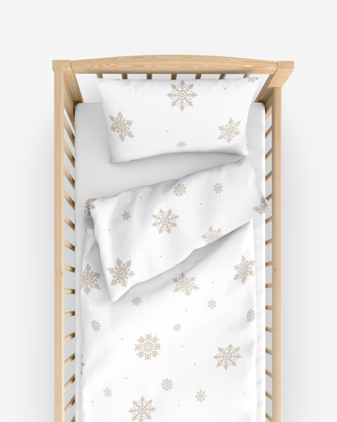 Weihnachtliche Bettwäsche für Babybetten aus Baumwolle - Schneeflocken auf Weiß