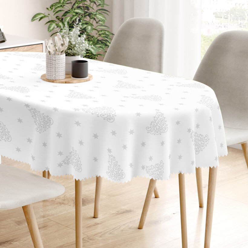 Ovale Weihnachts Teflon-Tischdecke - Silberne Tannenbäume und Sterne