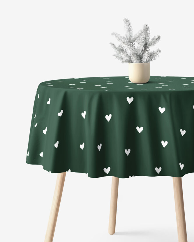 Runde Weihnachts-Tischdecke 100% Baumwolle - Herzchen auf Dunkelgrün