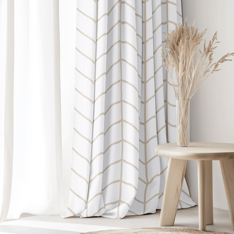 Vorhang aus Baumwolle - Beiger Zickzack auf Weiß