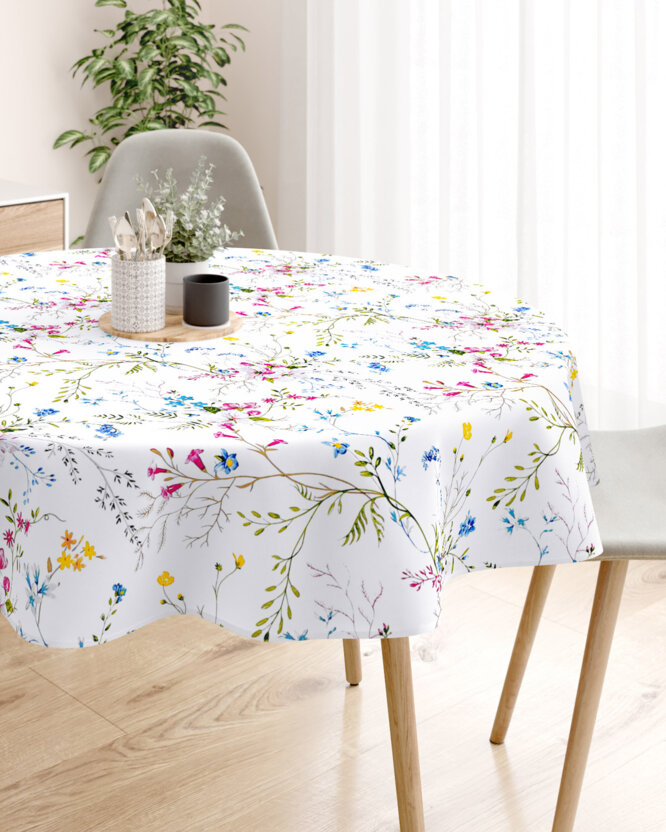 Runde Tischdecke 100% Baumwolle - Gemalte Wiesenblumen