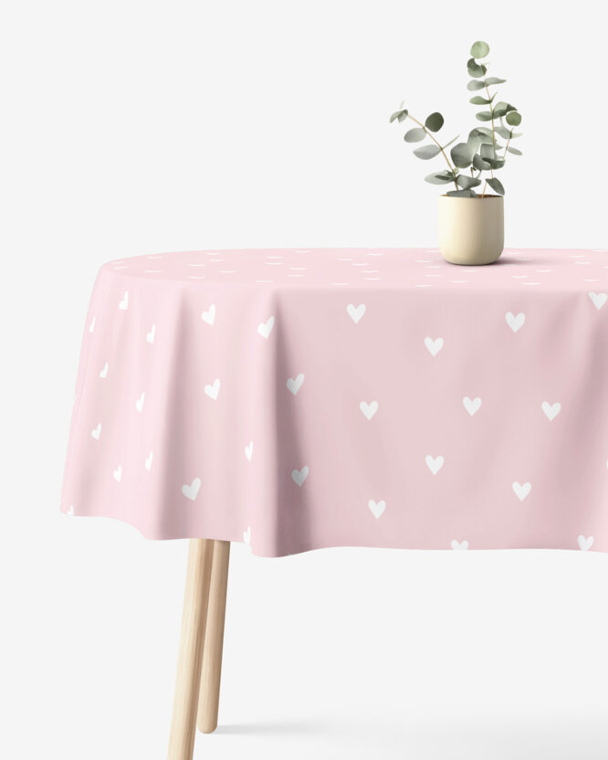 Ovale Tischdecke aus 100% Baumwolle - Herzchen auf Puderrosa