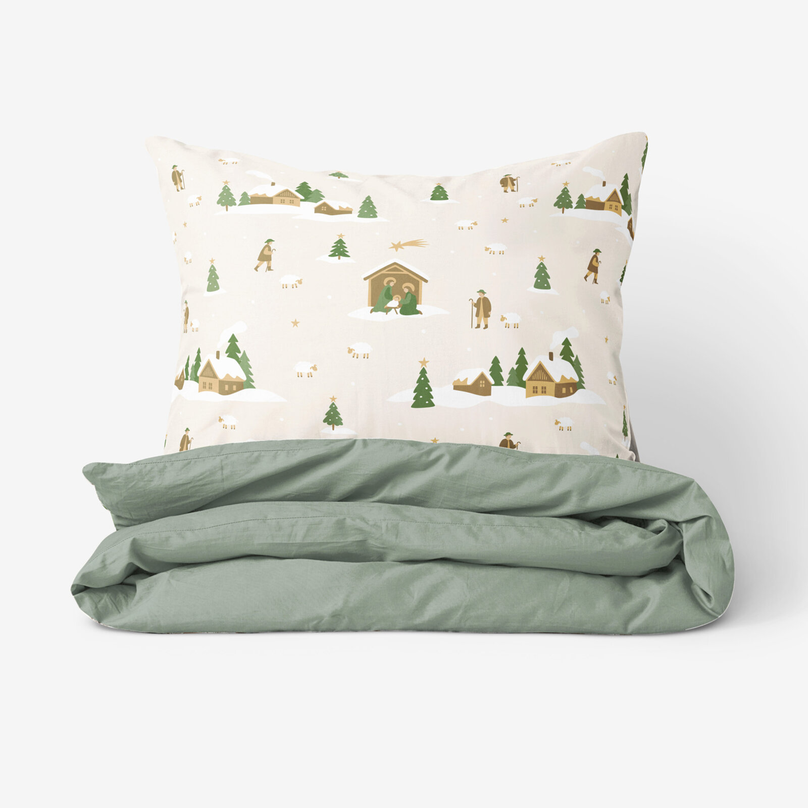 Weihnachts-Bettwäsche aus Baumwolle Duo - Weihnachtslieder mit Salbeigrün