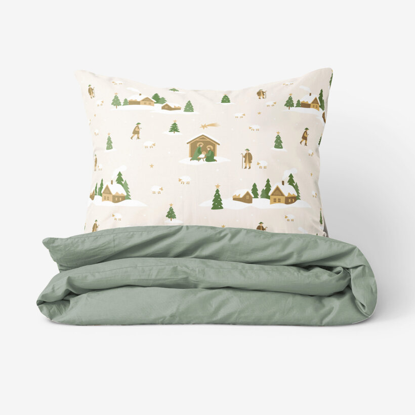 Weihnachts-Bettwäsche aus Baumwolle Duo - Weihnachtslieder mit Salbeigrün