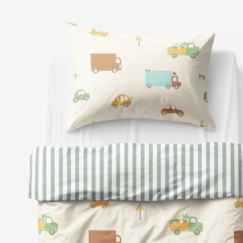 Kinder-Bettwäsche aus Baumwolle - Welt der Autos mit salbeigrüne Streifen