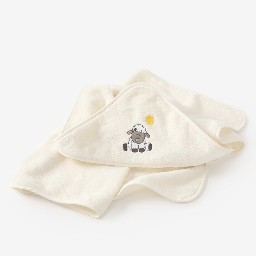 Frottee Babybadetuch mit Kapuze - Schaf auf Creme