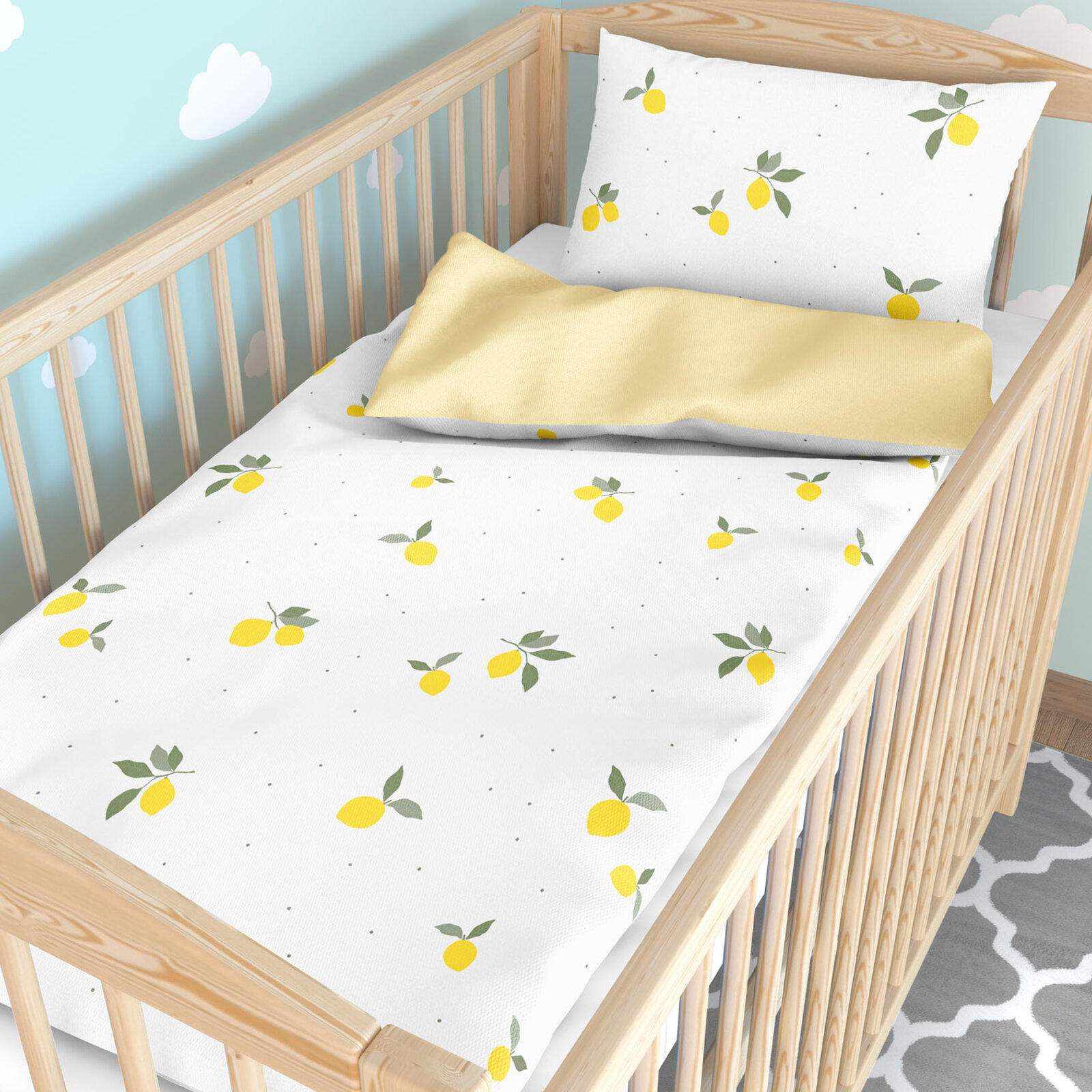 Bettwäsche für Babybetten aus Baumwolle Duo - Zitronen mit Bananenfarbe