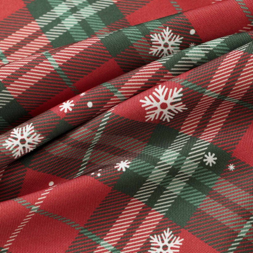 Ovale Weihnachts-Tischdecke Teflon - Rotkariert mit Schneeflocken