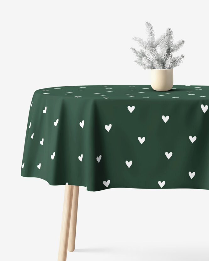 Ovale Weihnachts-Tischdecke aus 100% Baumwolle - Herzchen auf Dunkelgrün