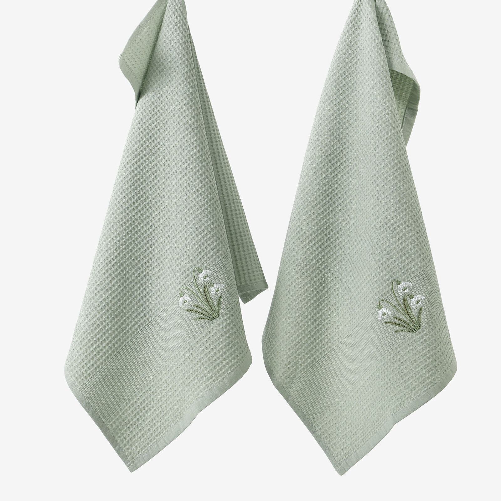 Waffel-Geschirrtuch mit Stickerei - Schneeglöckchen auf Salbei