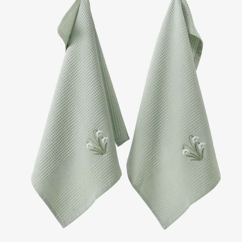 Waffel-Geschirrtuch mit Stickerei - Schneeglöckchen auf Salbei