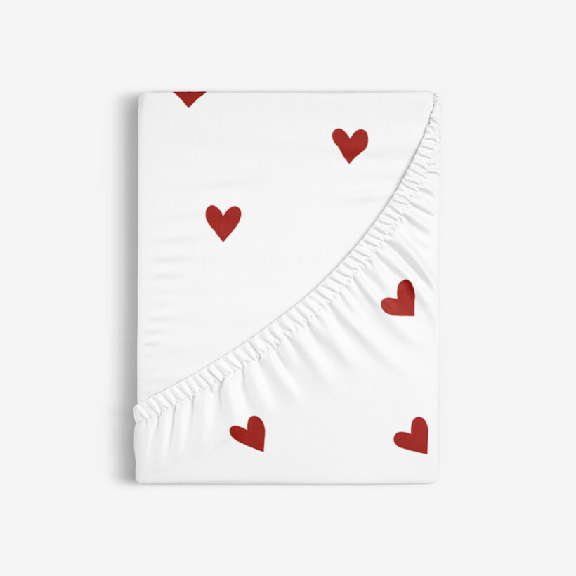 Spannbettlaken aus Baumwolle - Rote Herzchen auf Weiß