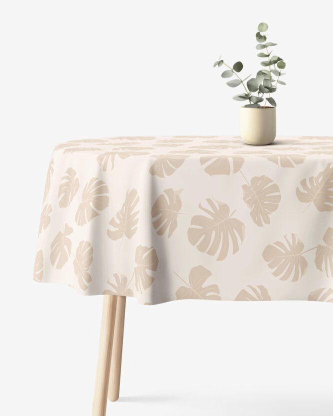 Ovale Tischdecke aus 100% Baumwolle - Tropische Blätter auf Beige