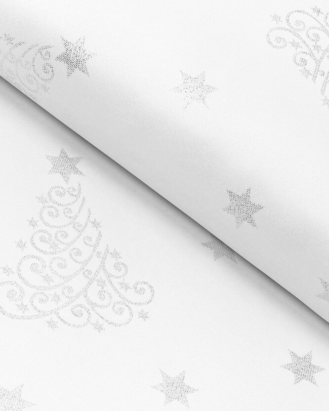 Weihnachtlicher Teflonstoff für Tischdecken – Silberne Tannenbäume und Sterne