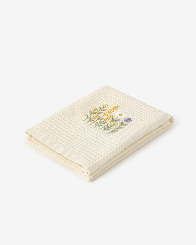 Waffel-Geschirrtuch mit Stickerei - Blumenwiese auf Creme