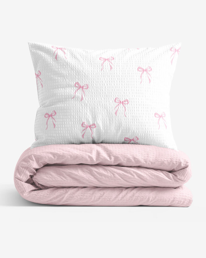 Seersucker Bettwäsche Duo - rosa Schleifen mit Puderrosa