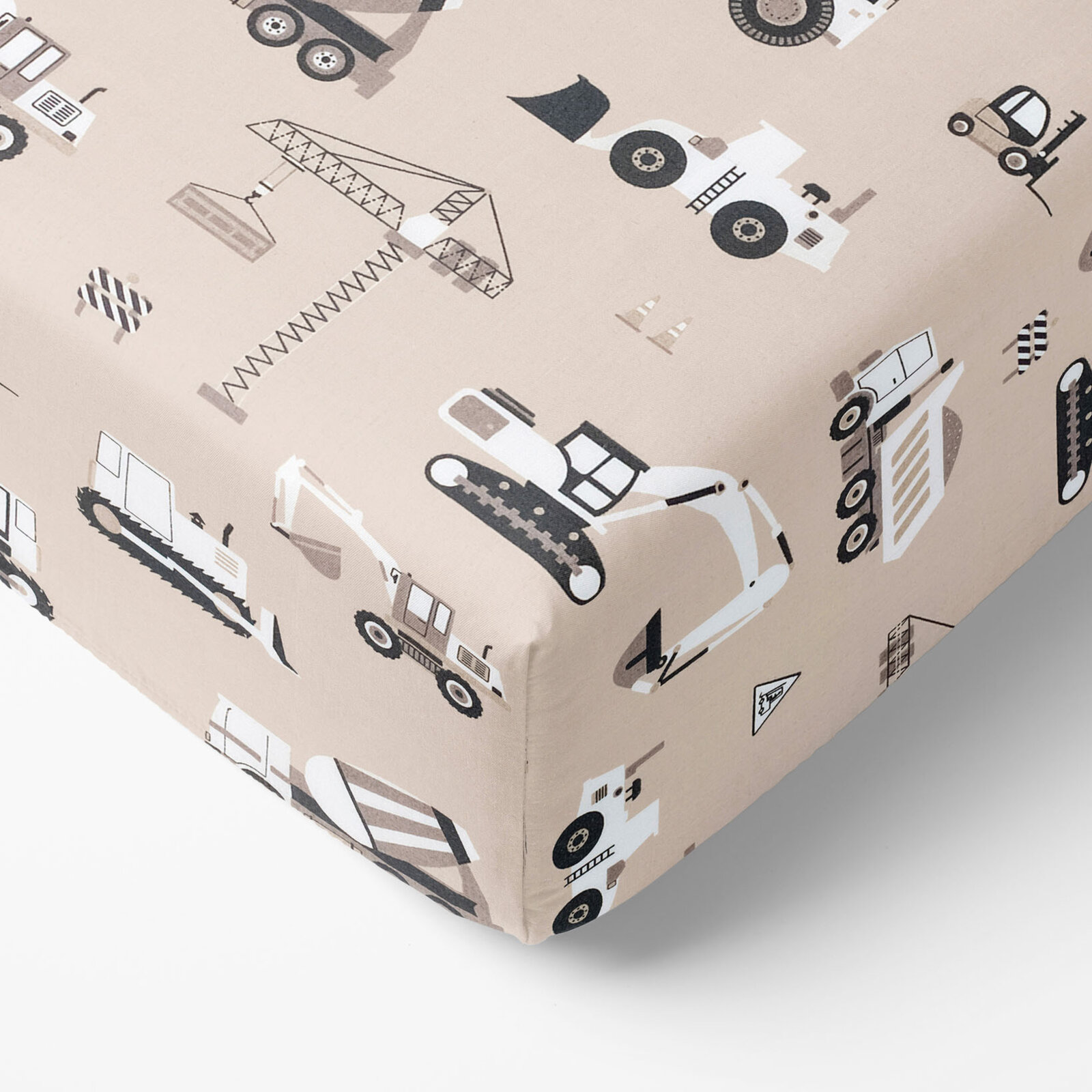 Kinder-Spannbetttuch aus Baumwolle - Lastwagen und Bagger auf Beige