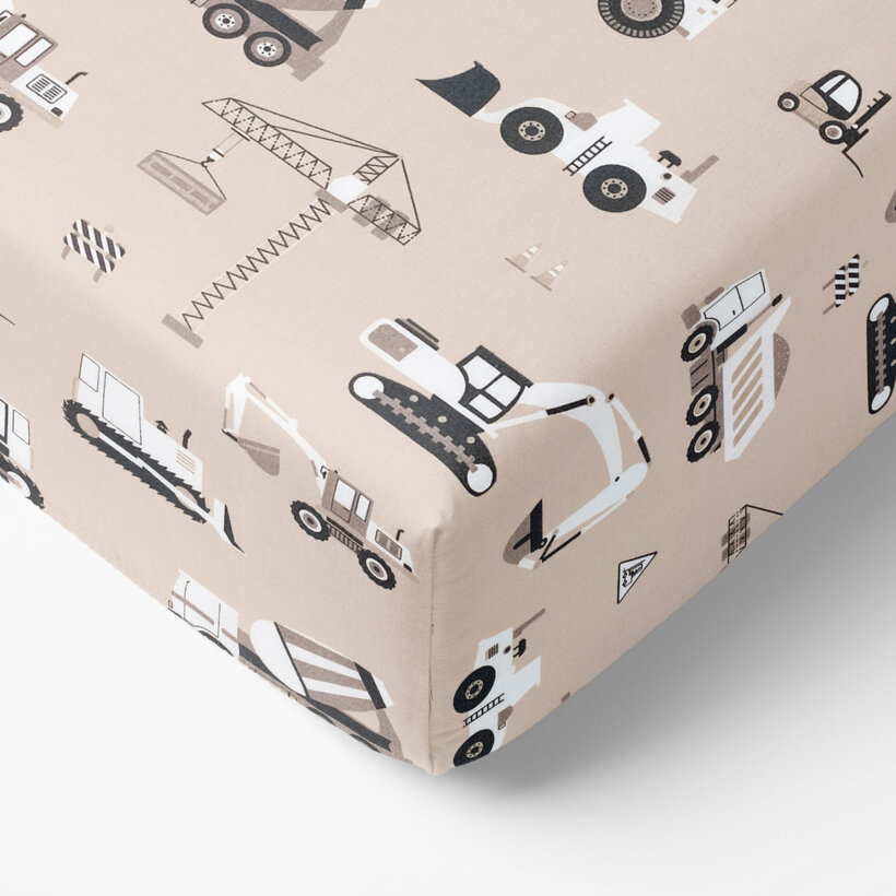 Kinder-Spannbetttuch aus Baumwolle - Lastwagen und Bagger auf Beige