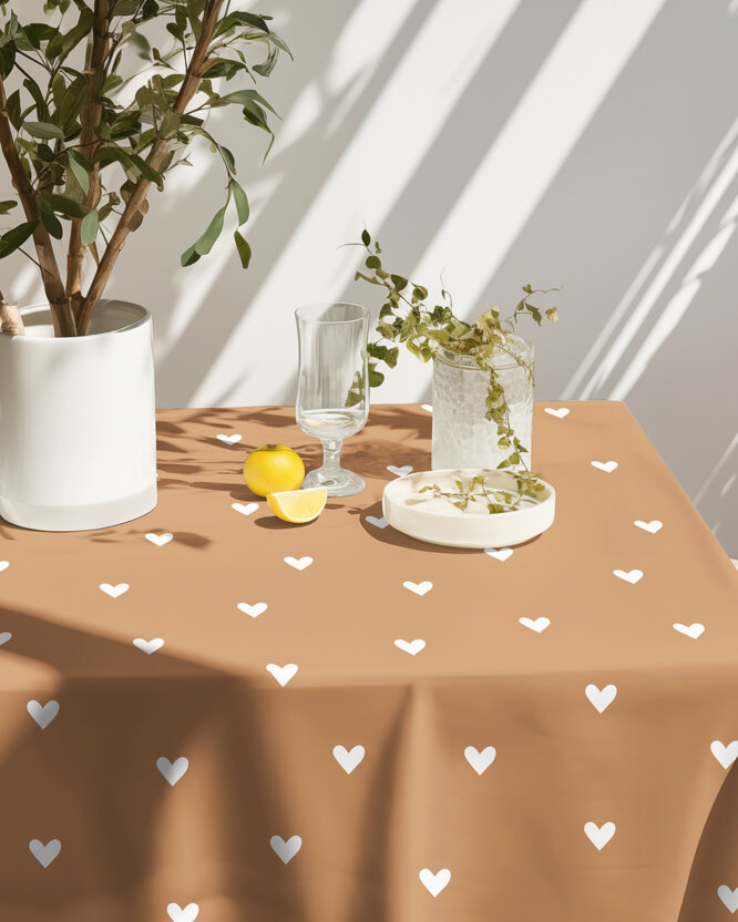 Eckige Tischdecke 100% Baumwolle - Herzchen auf Herbstbraun