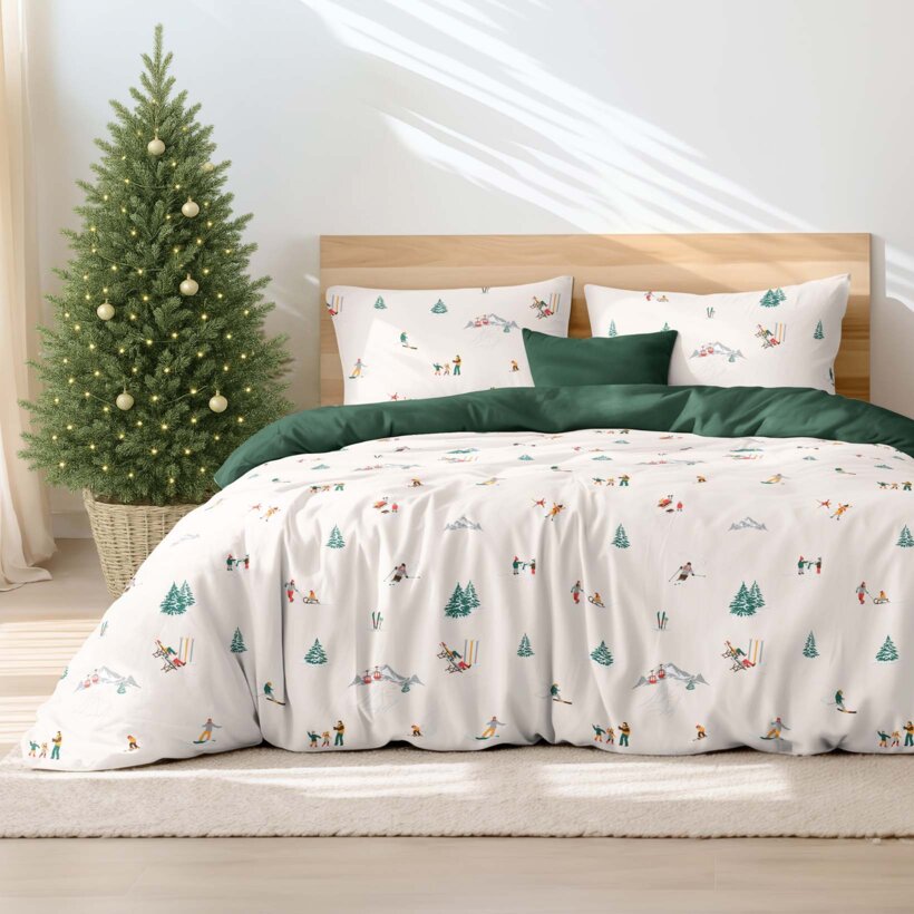 Weihnachtlich Bettwäsche aus Baumwolle Duo - Winterfreuden mit Dunkelgrün