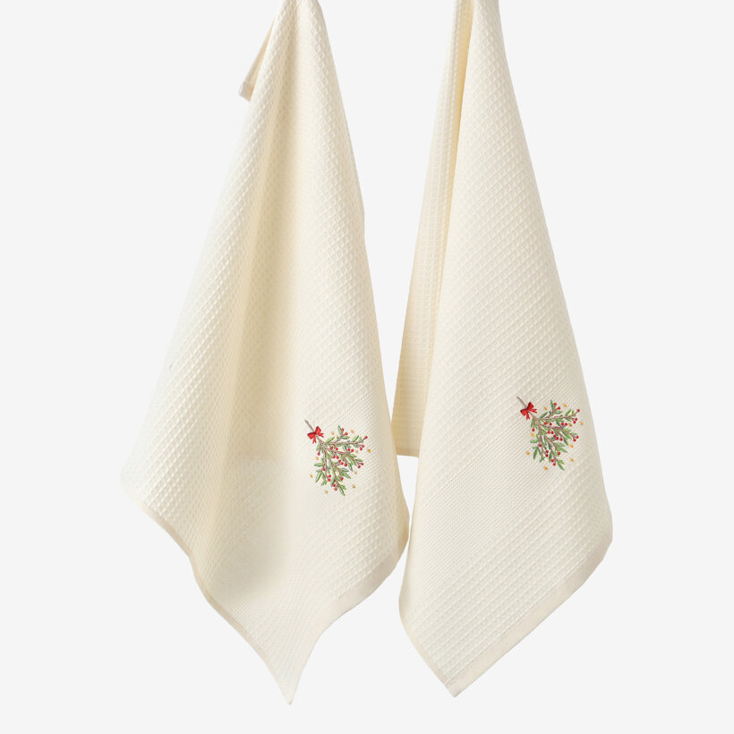 Waffel-Geschirrtuch mit Weihnachtsstickerei - Mistel auf cremefarbenem Grund