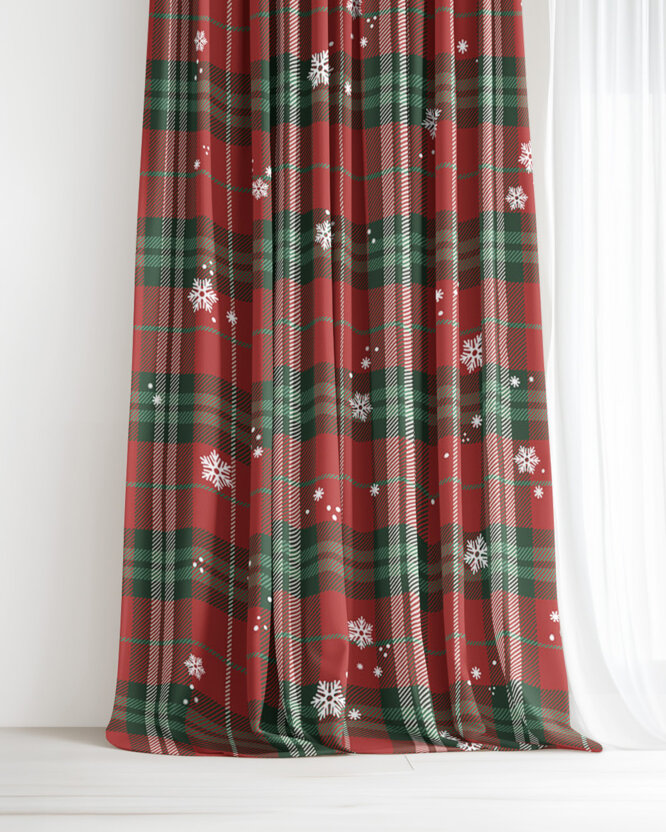 Weihnachtlicher Dekorativer Vorhang – Rotkariert mit Schneeflocken
