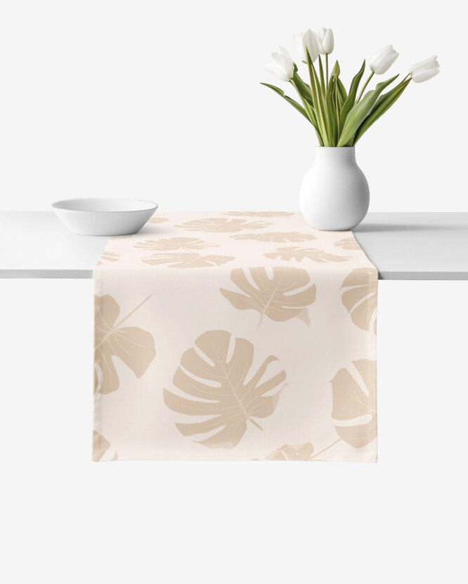 Tischläufer aus 100% Baumwolle - Tropische Blätter auf Beige