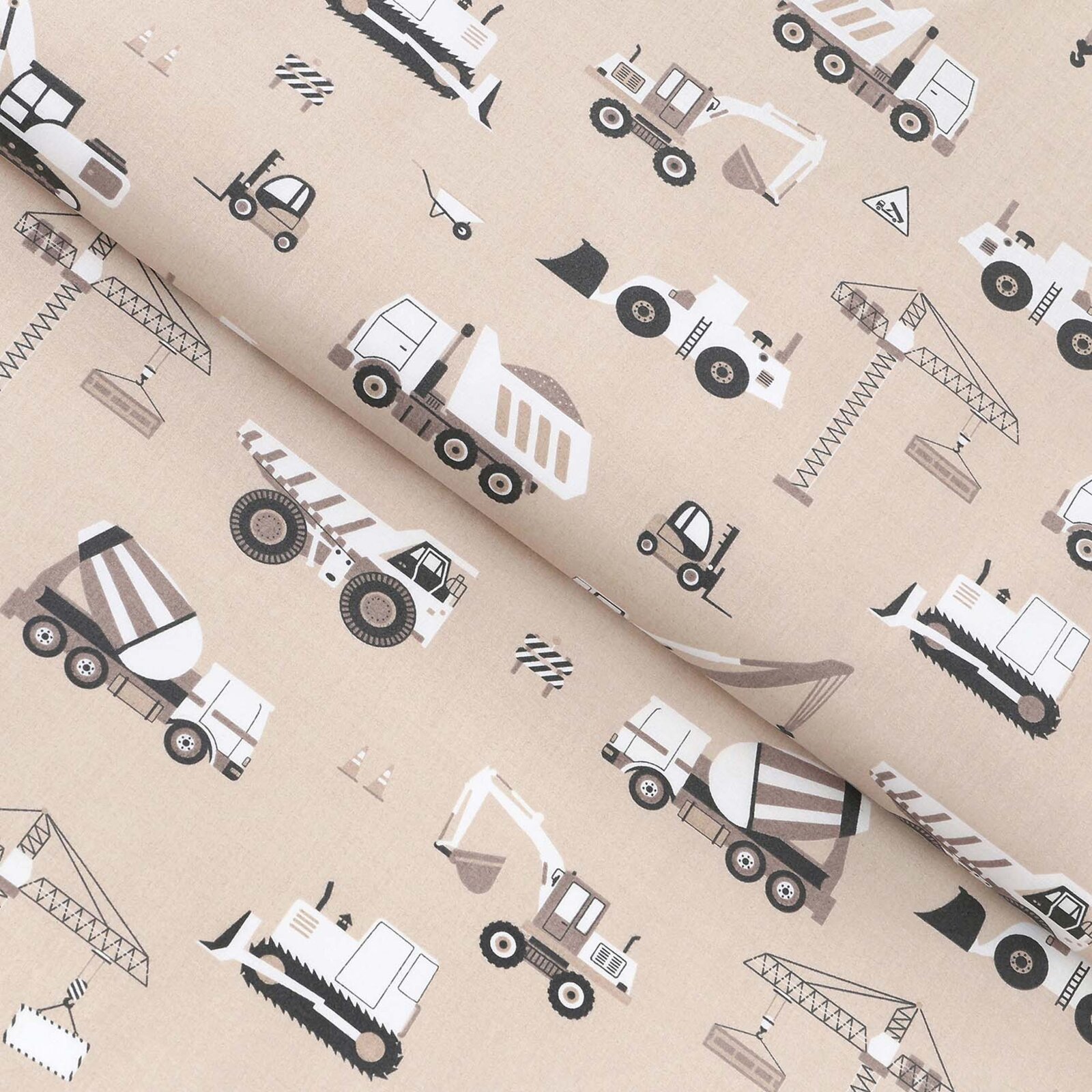 Baumwollstoff - Lastwagen und Bagger auf Beige