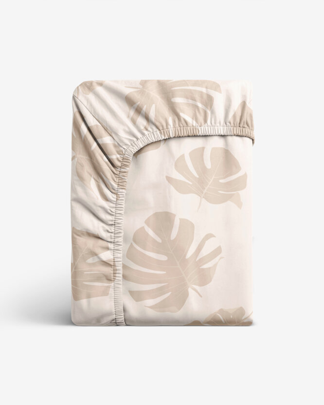Spannbettlaken aus Baumwolle - Tropische Blätter auf Beige