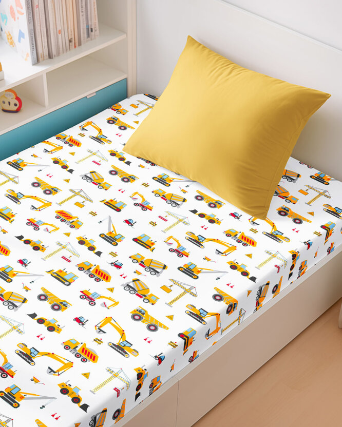 Kinder-Spannbetttuch aus Baumwolle - Lastwagen und Bagger