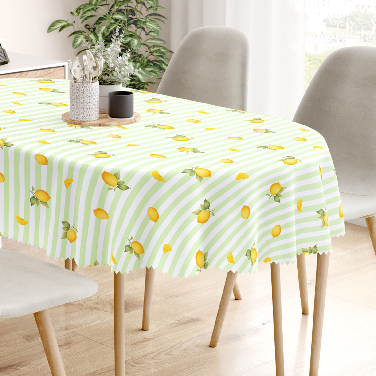 Ovale Tischdecke Teflon - grüne Streifen mit Zitronen