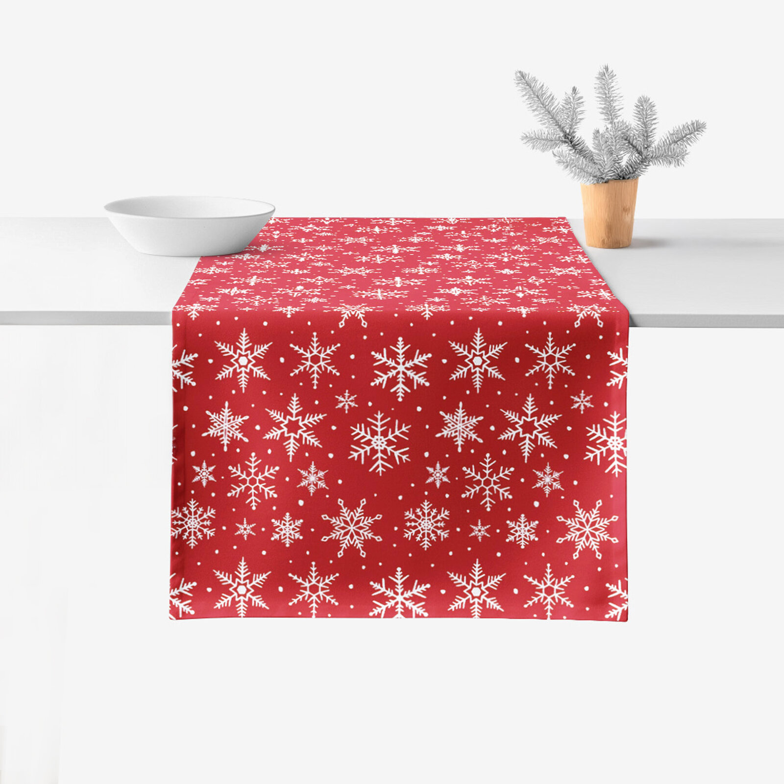 Weihnachtlicher Tischläufer Valencia - Weiße Flocken auf Rot