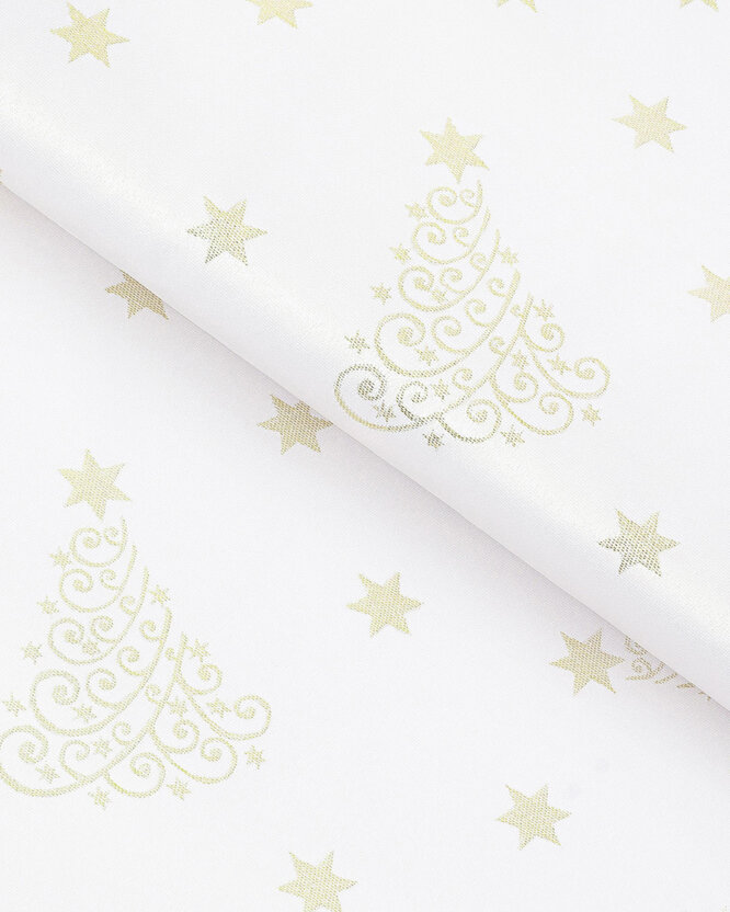 Weihnachtlicher Teflonstoff für Tischdecken – Goldene Tannenbäume und Sterne