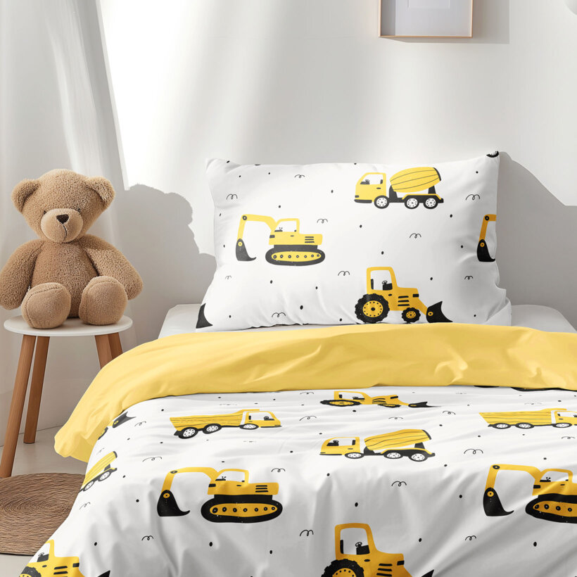 Kinder-Bettwäsche aus Baumwolle Duo - Bagger und Baufahrzeuge mit gelb