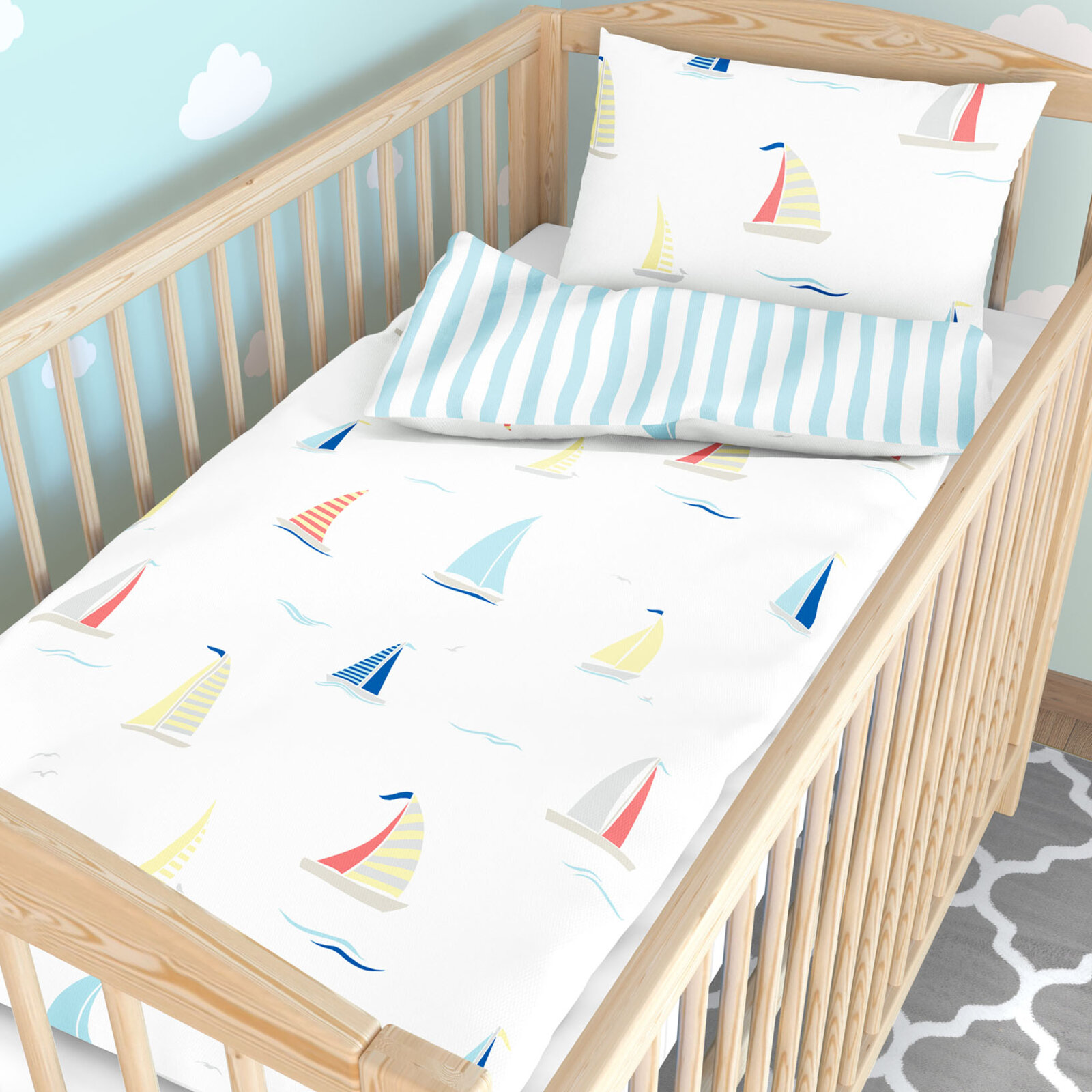 Bettwäsche für Babybetten aus Baumwolle - Segelboote mit blauen Streifen