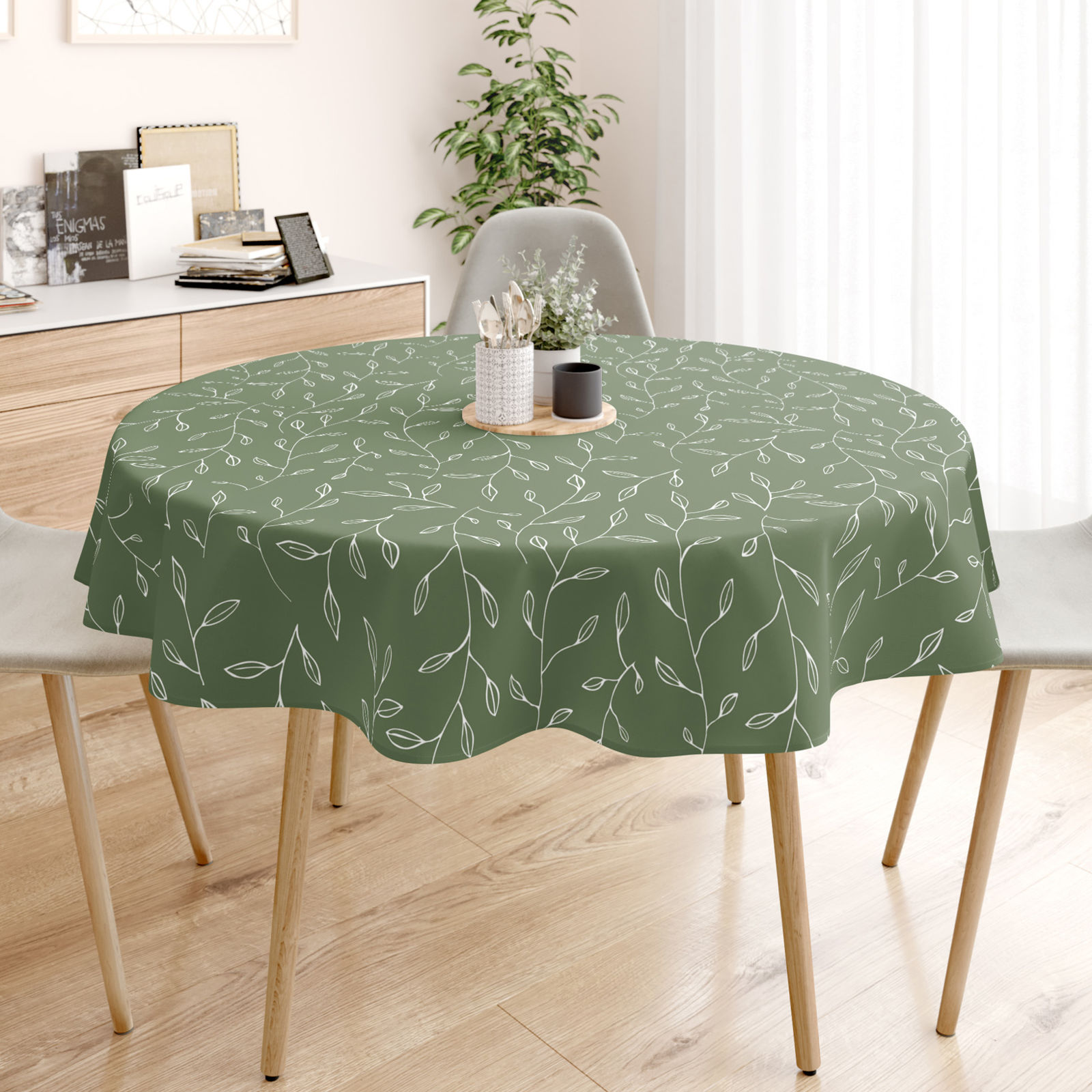 Runde Tischdecke 100% Baumwolle - Teeblätter