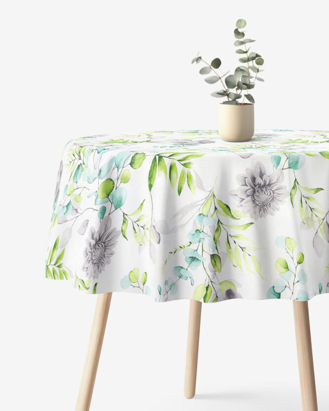 Runde Tischdecke 100% Baumwolle Deluxe - Eukalyptus mit Blumen