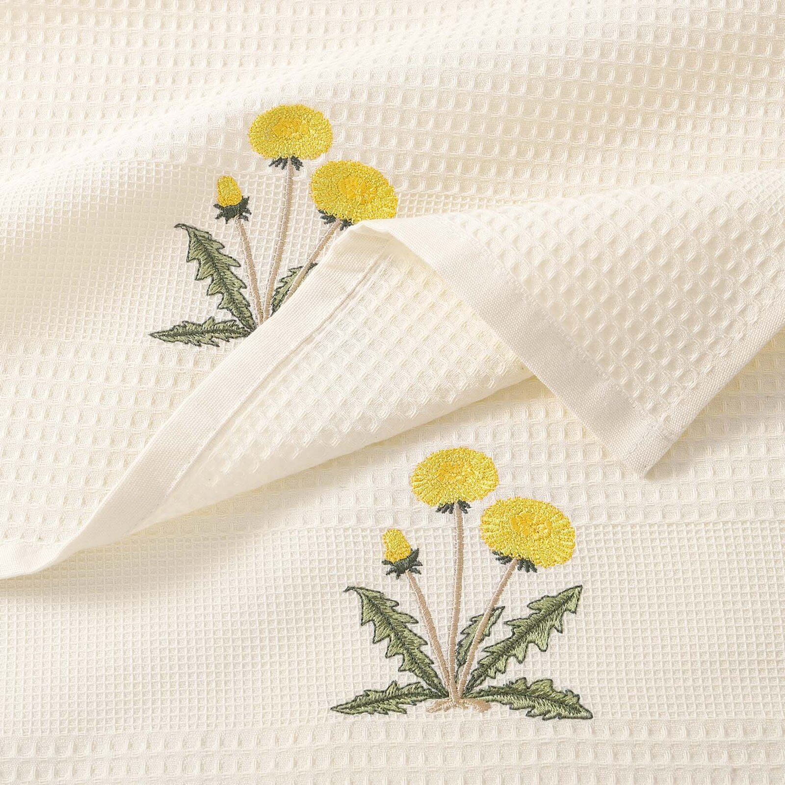 Waffel-Geschirrtuch mit Stickerei - Löwenzahn auf Creme