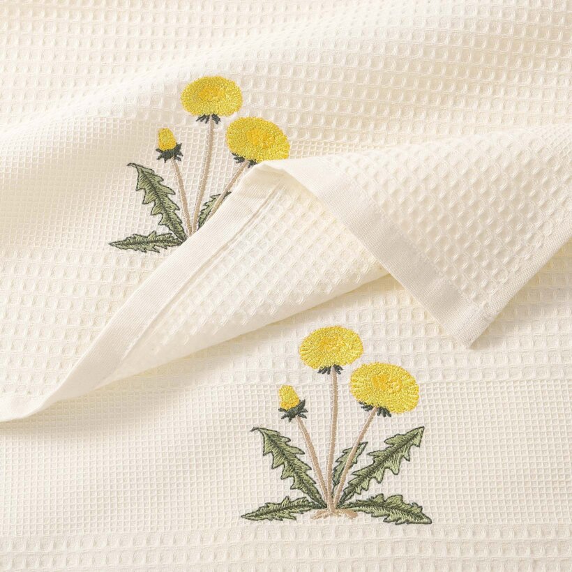 Waffel-Geschirrtuch mit Stickerei - Löwenzahn auf Creme